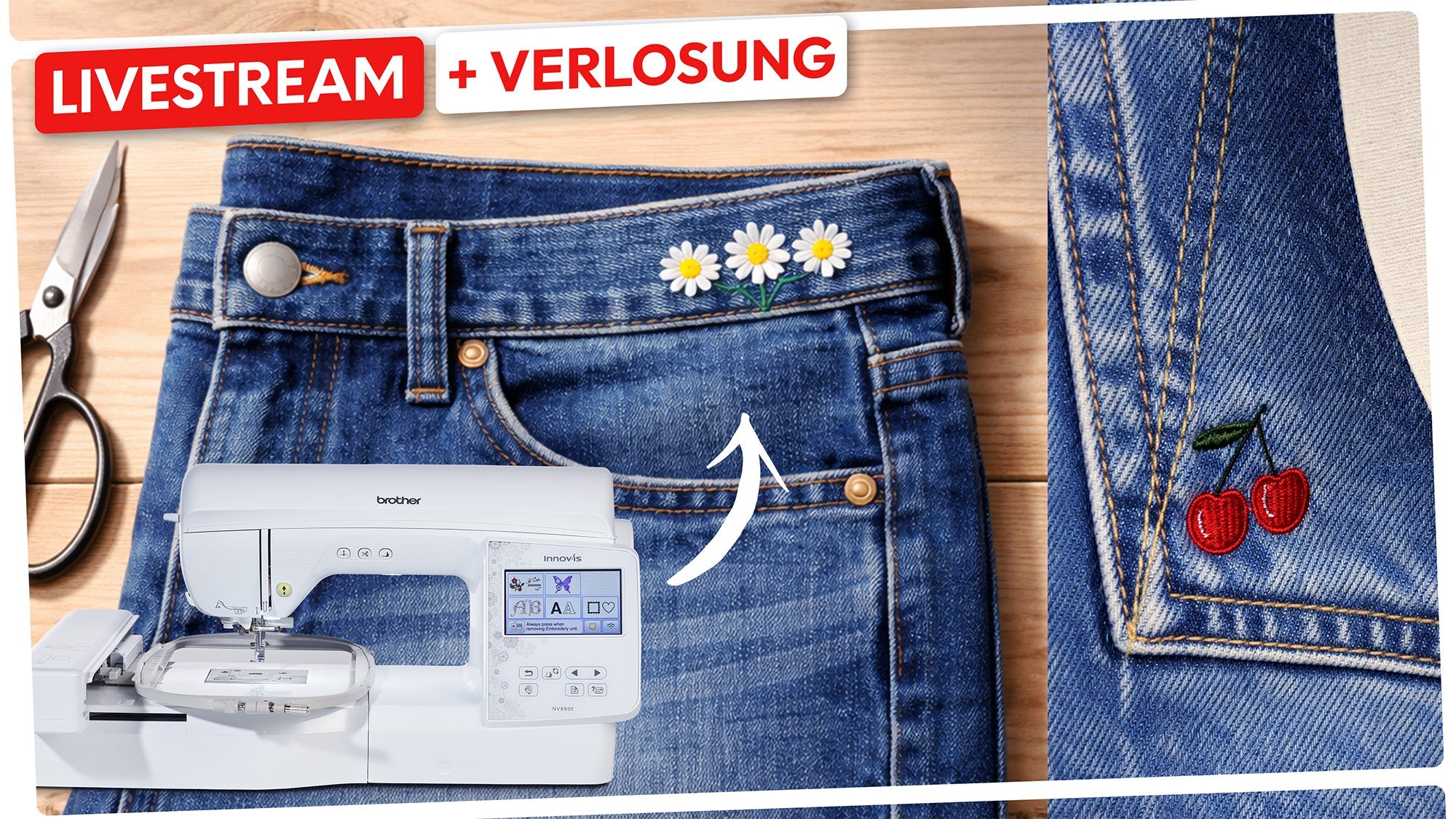 Wir besticken eine Jeans mit der brother 880E Stickmaschine.