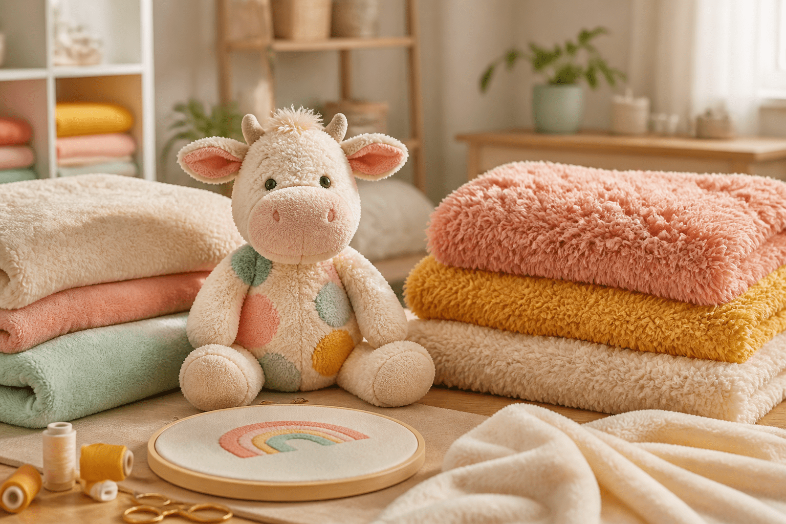 Weiche Plüschstoffe und ein genähtes Kuscheltier in einem Kreativatelier