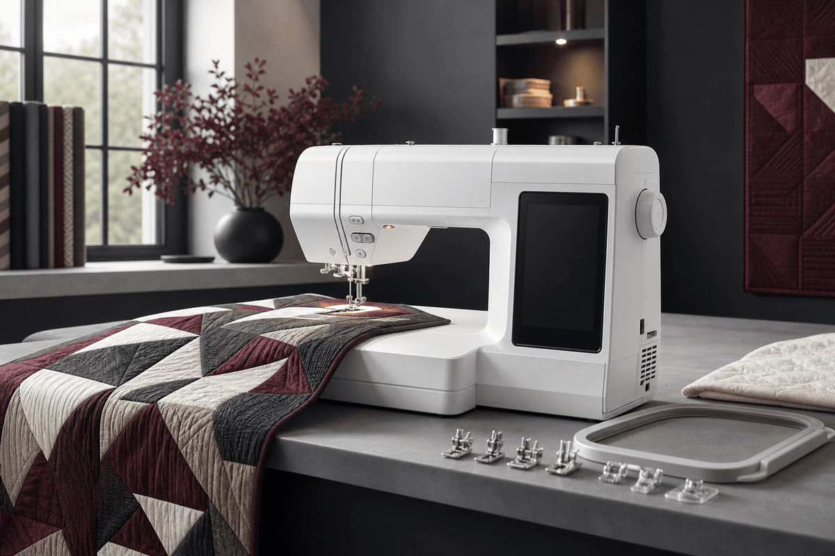 Moderne Näh- und Stickmaschine mit geometrischem Quilt in einem Atelier