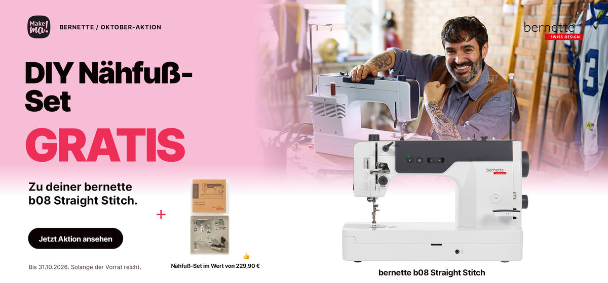Zur bernette b08 Straight Stitch erhältst du das DIY-Nähfuß-Set im Wert von 229,90 € gratis. Aktion bis 31.10.2026, solange der Vorrat reicht.