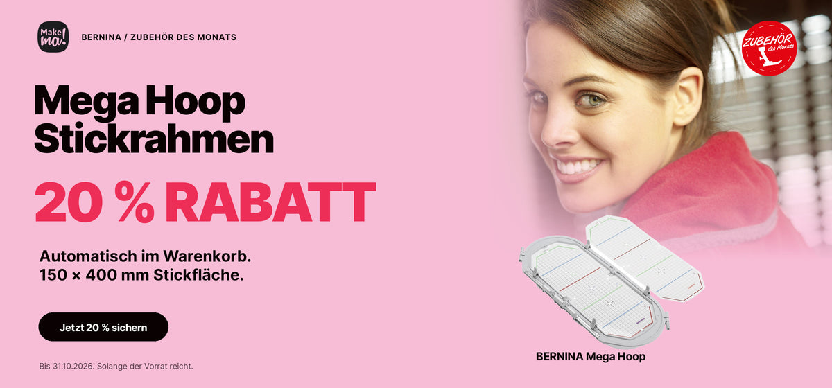 20 % Rabatt auf den BERNINA Mega Hoop Stickrahmen mit 150 × 400 mm Stickfläche. Der Rabatt wird automatisch im Warenkorb angewendet. Bis 31.10.2026, solange der Vorrat reicht.