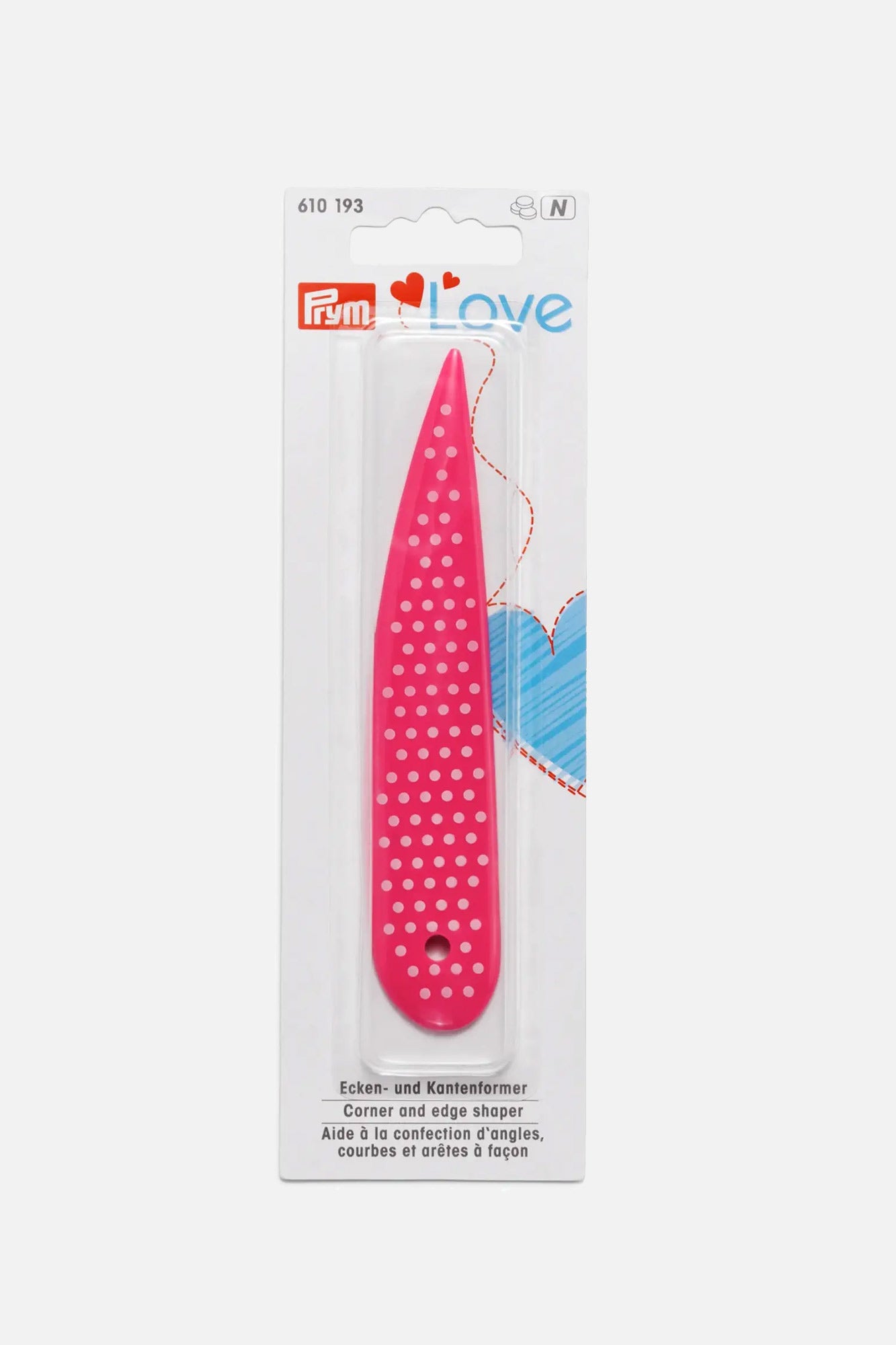 Der Ecken- und Kantenformer von PRYM in Pink in seiner Verkaufsverpackung.
