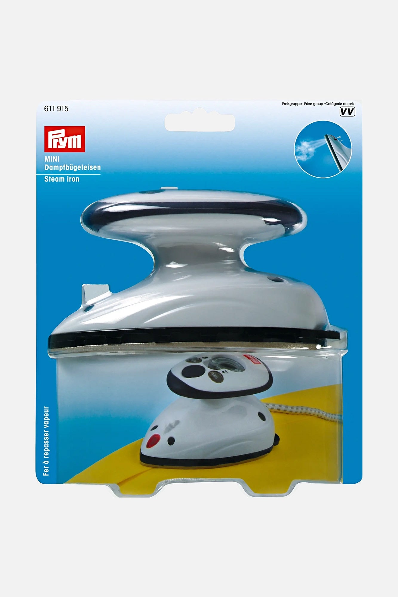 Zu sehen ist die Verpackung des PRYM Dampfbügeleisen MINI in weiß/violett mit einem von weiß nach blau übergehenden Karton versehen mit dem roten PRYM-Logo