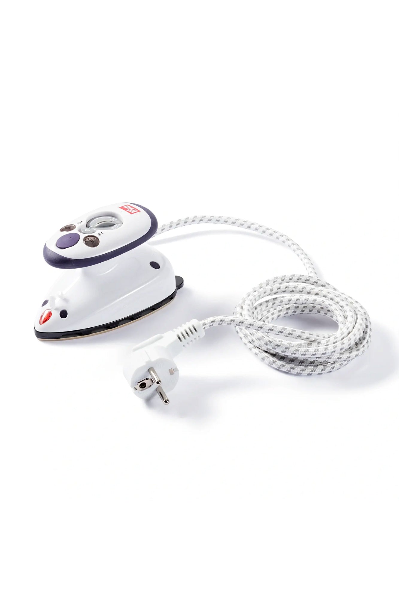 Zu sehen ist das Dampfbügeleisen von Prym in weiß/violett mit dem EU-Stecker