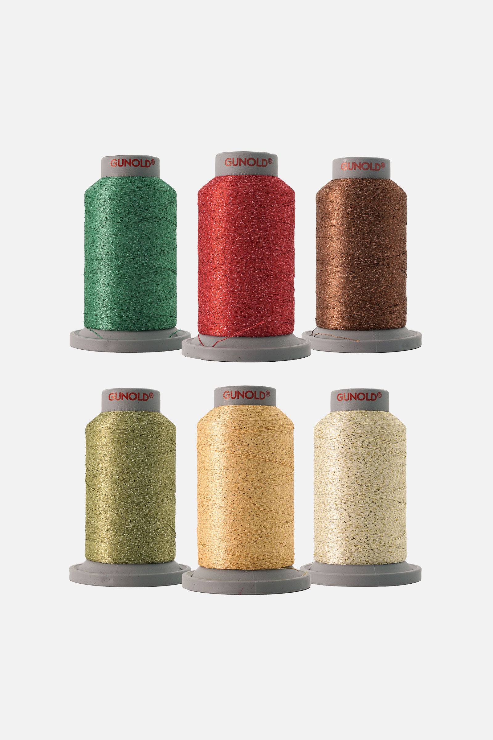 Sechs Miniking-Spulen POLY SPARKLE Stickgarn im Set "Christmas" mit weihnachtlichen Farben und Glitzereffekt