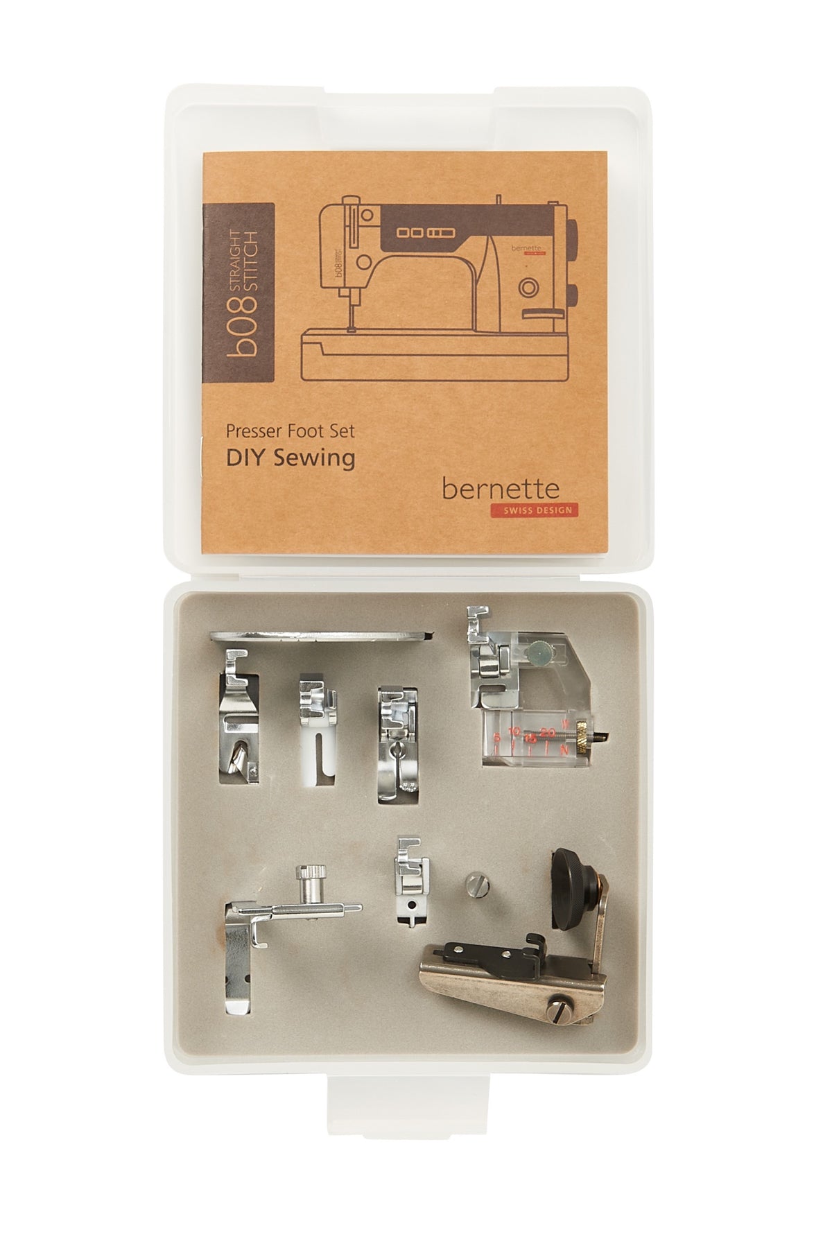 Boîte de rangement ouverte du kit de pieds-de-biche bernette DIY avec ses sept solutions