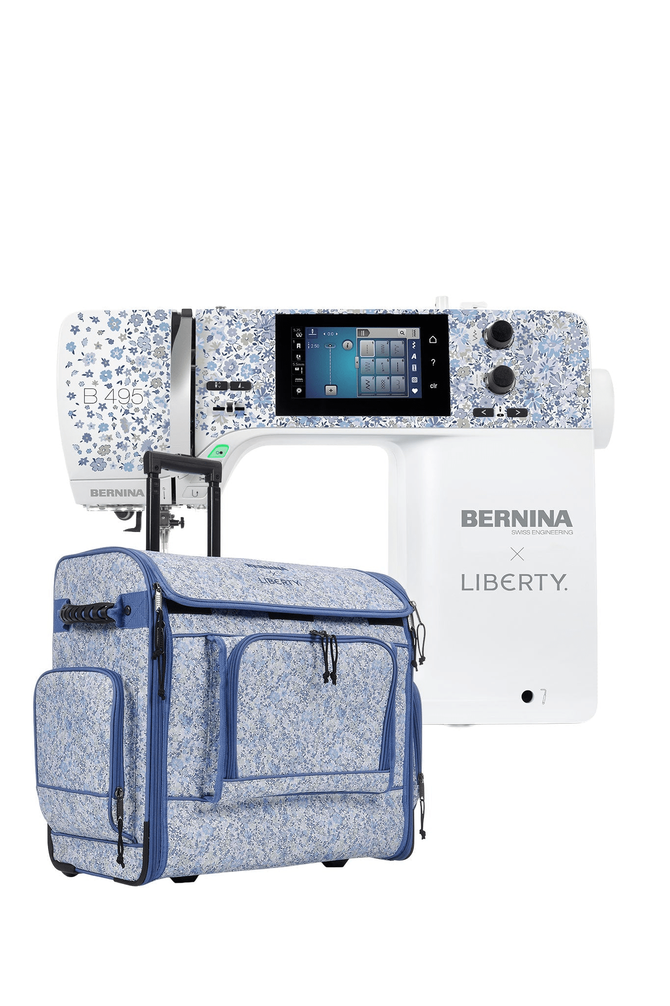 Machine à coudre BERNINA B 495 LIBERTY Edition avec sac de transport fleuri sur fond blanc