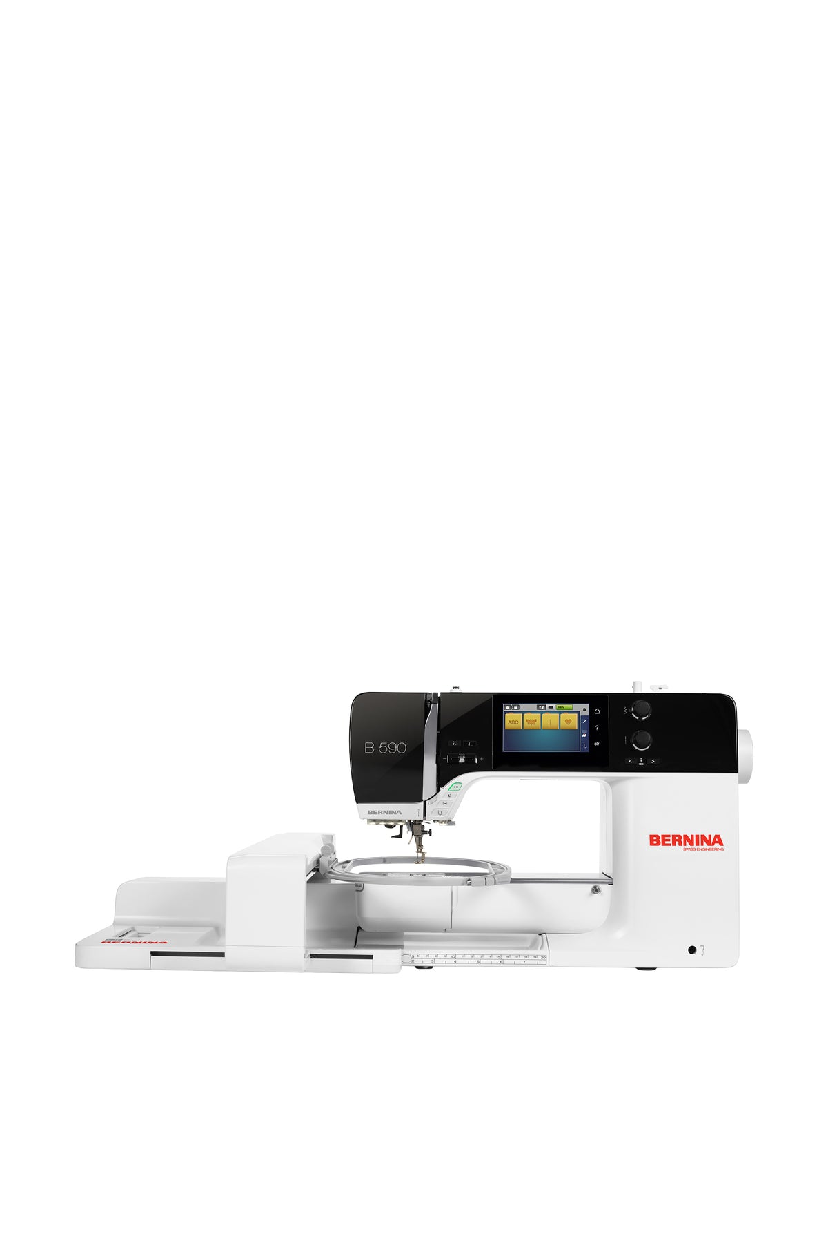 BERNINA B590 met borduurmodule M (SDT) naai- en borduurmachine, recht vooraanzicht zonder schaduw op de vloer