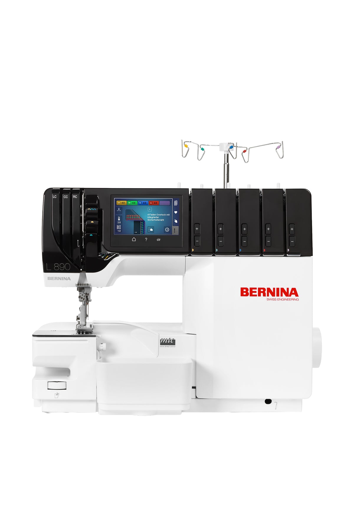 BERNINA L 890 overlock/coversteek-combinatie in recht vooraanzicht, vrijstaand zonder schaduw op de vloer