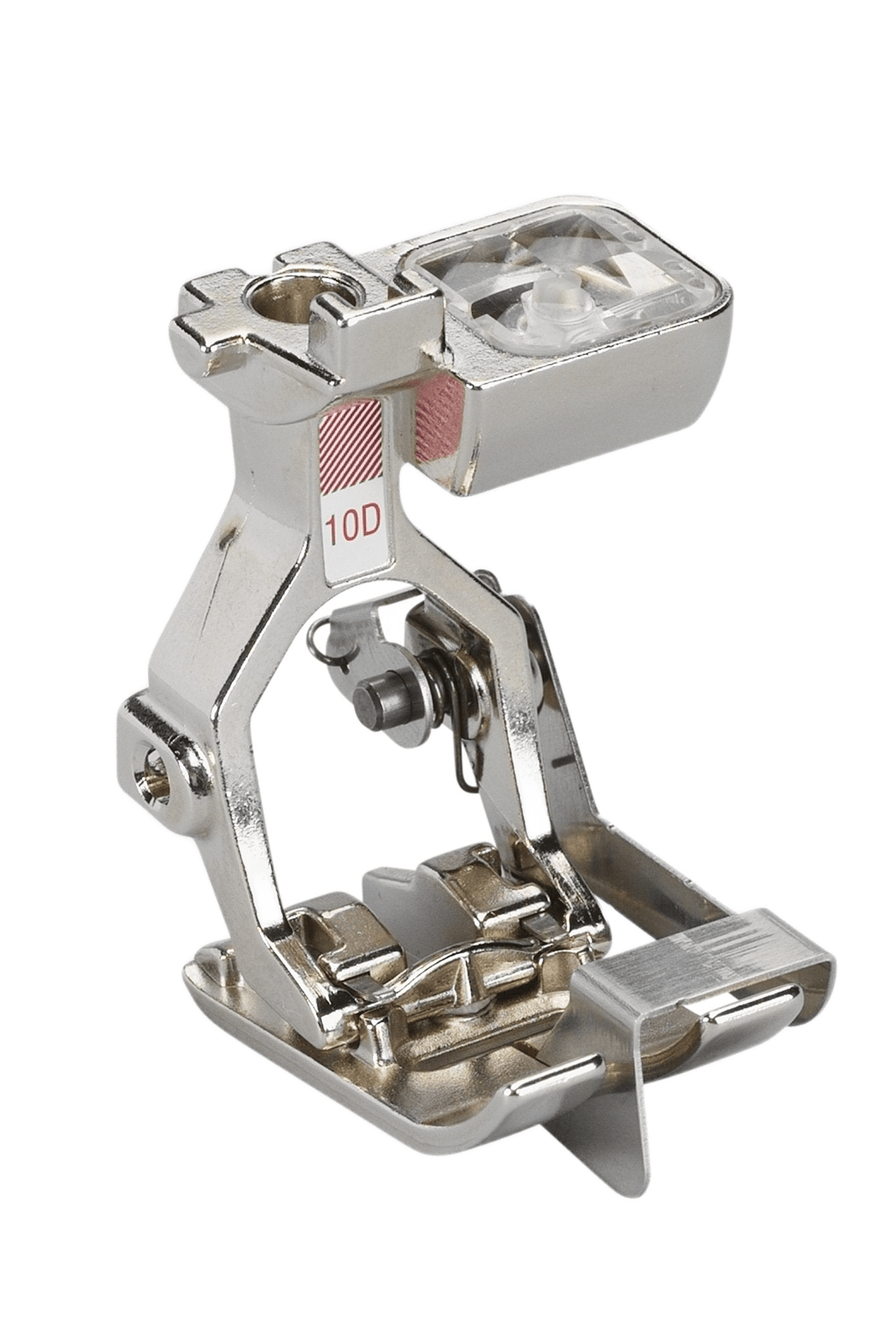 BERNINA Schmalkantfuß #10D aus Metall mit transparenter Führung und roter 10D-Kennzeichnung.