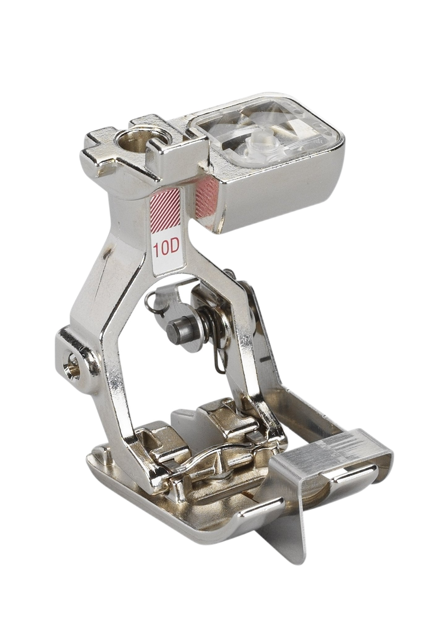 BERNINA Schmalkantfuß #10D aus Metall mit transparenter Führung und roter 10D-Kennzeichnung.