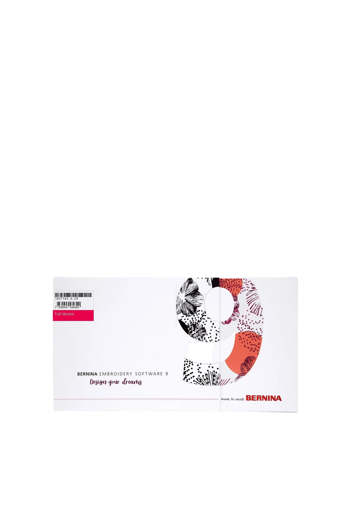 BERNINA V9 Designer Plus Sticksoftware (inkl. WiFi-Gerät) in vollständiger Produktansicht, in Adobe Photoshop freigestellt ohne Schatten