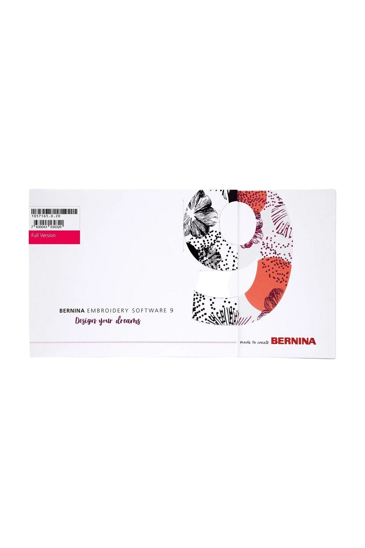 BERNINA V9 Designer Plus Sticksoftware (inkl. WiFi-Gerät) in vollständiger Produktansicht, in Adobe Photoshop freigestellt ohne Schatten