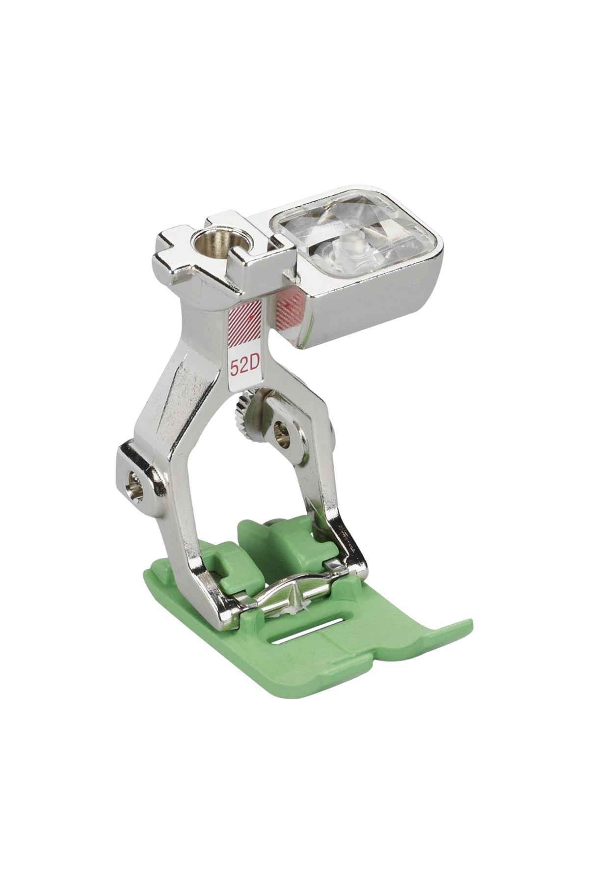 BERNINA Zickzack-Nähfuß mit grüner Gleitsohle #52D in vollständiger Produktansicht, in Adobe Photoshop freigestellt, zentriert und ohne Schatten