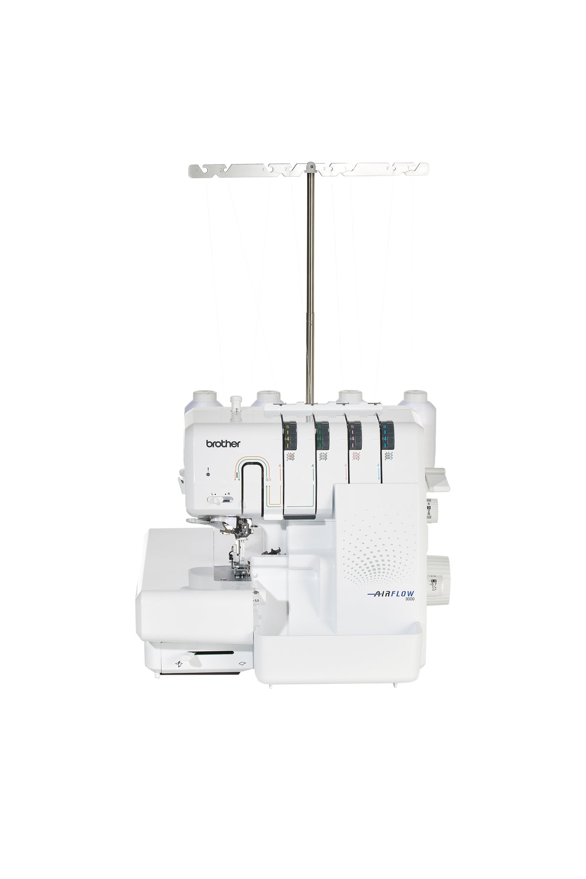 Brother Airflow 3000 overlocker in straight front view with thread stand and threaded white thread cones