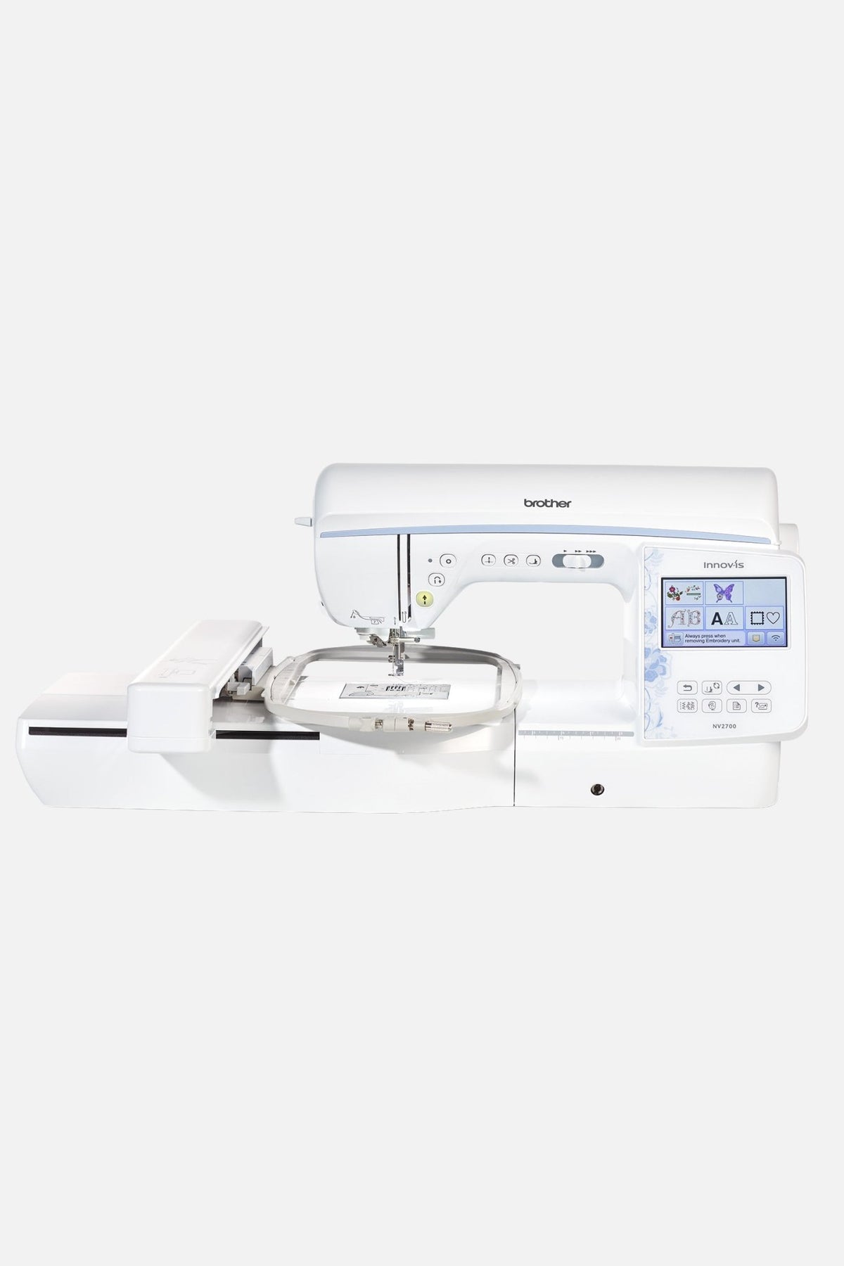 Brother Innov-is NV2700 mit angesetztem Stickmodul und Stickrahmen