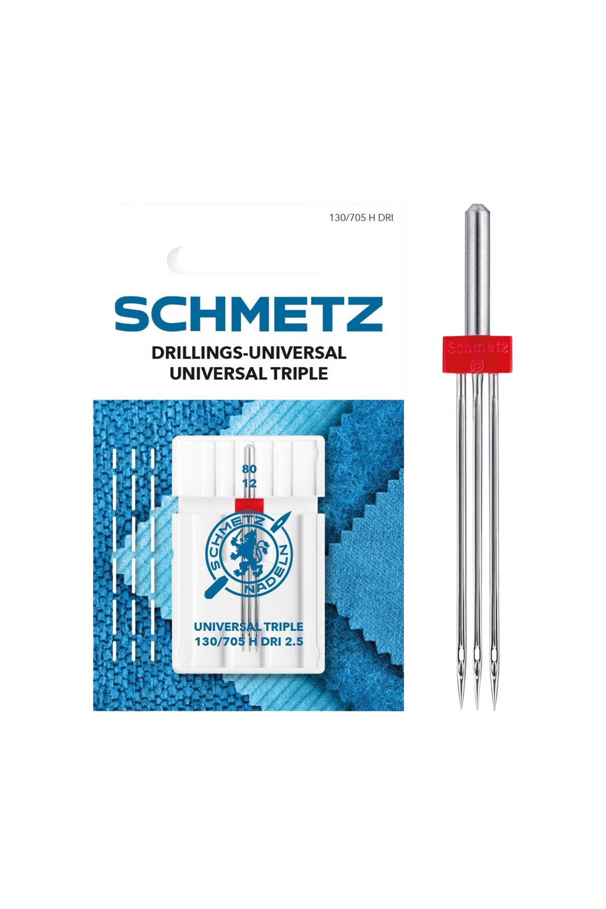 SCHMETZ Drillings-Universal-Nadel 80 – 2,5 mm in vollständiger Frontansicht der Verpackung mit freigestellter Euroloch-Aussparung