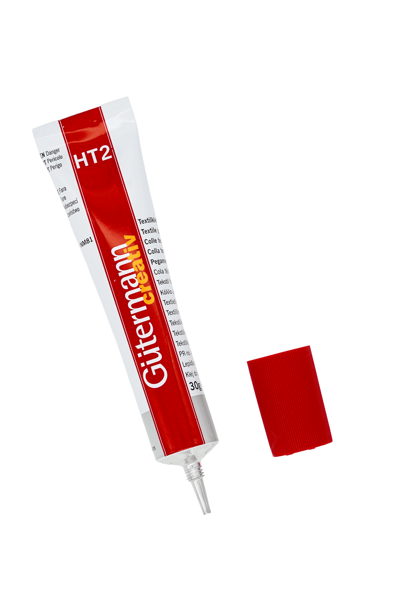 Geöffnete 30-g-Tube Gütermann Textilkleber HT2 mit feiner Dosierspitze