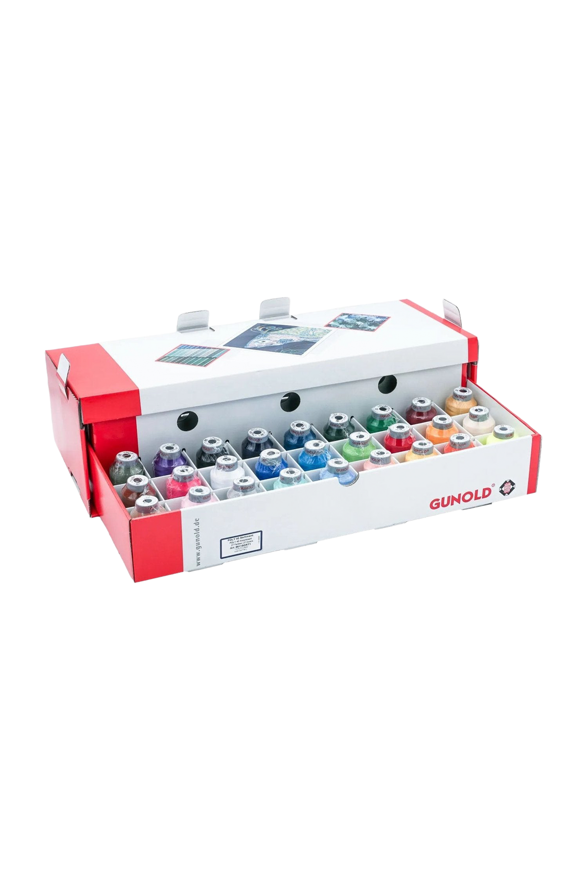 Geöffnete Gunold Poly 40 Sortimentbox mit 27 farbigen Stickgarnkonen