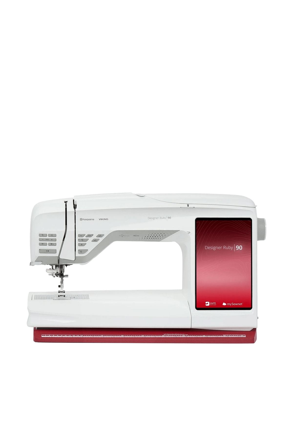 Husqvarna VIKING Designer Ruby 90 sy- og broderimaskine set lige forfra, fritstående uden skygge på gulvet