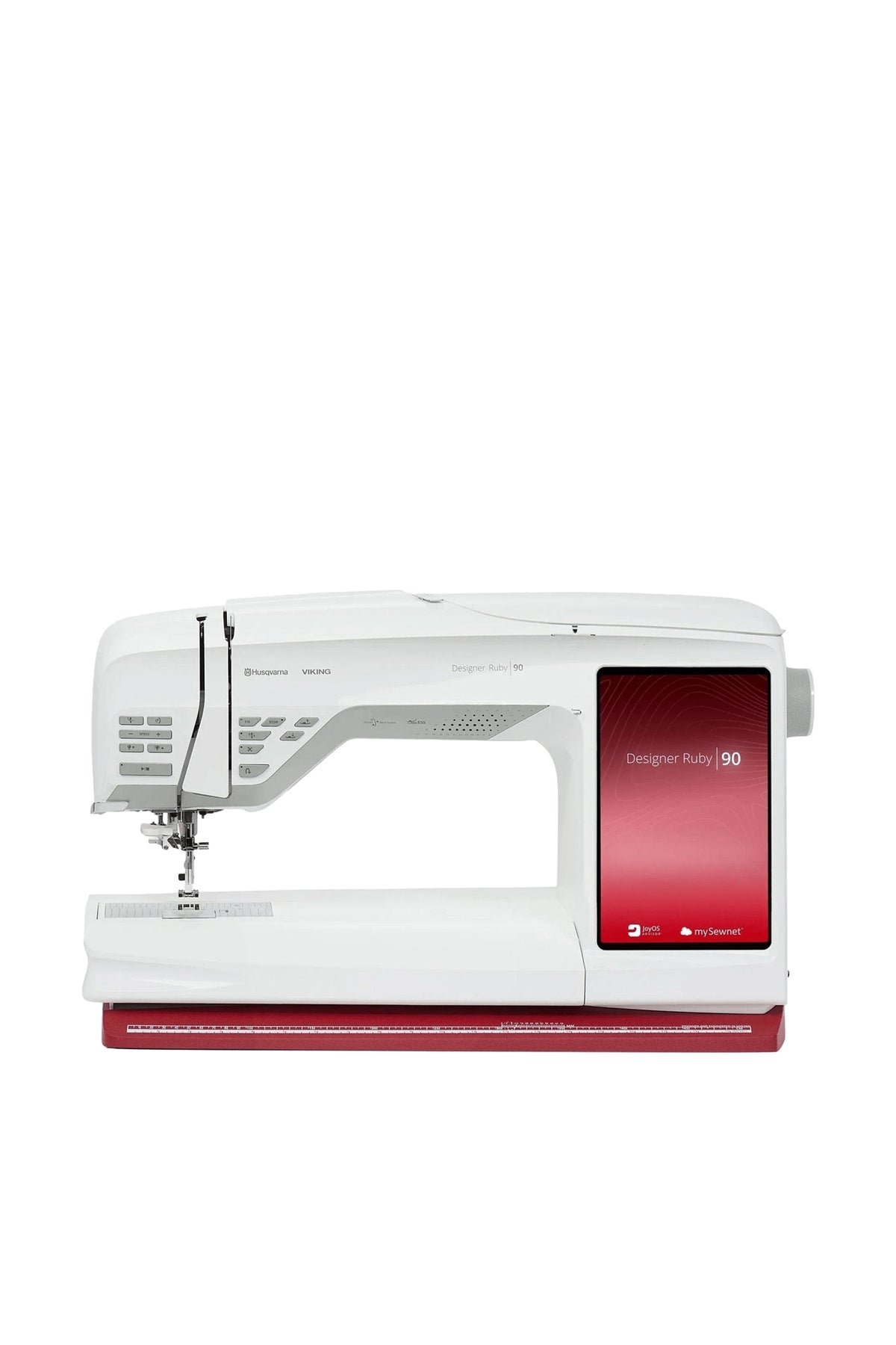 Husqvarna VIKING Designer Ruby 90 sy- og broderimaskine set lige forfra, fritstående uden skygge på gulvet