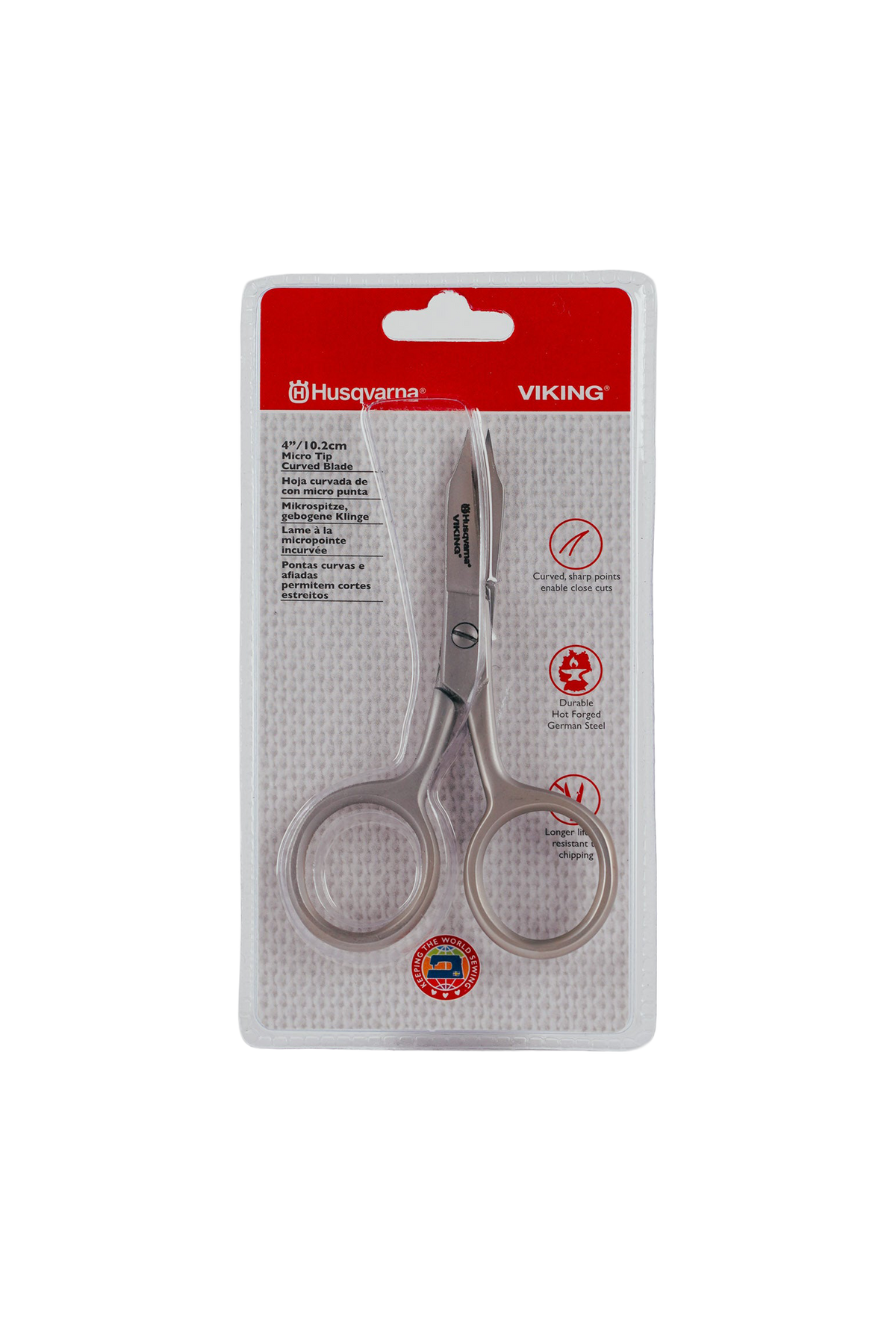 Husqvarna VIKING Stickschere – Mikrospitze, gebogene Klinge in vollständiger Produktansicht, in Adobe Photoshop freigestellt ohne Schatten