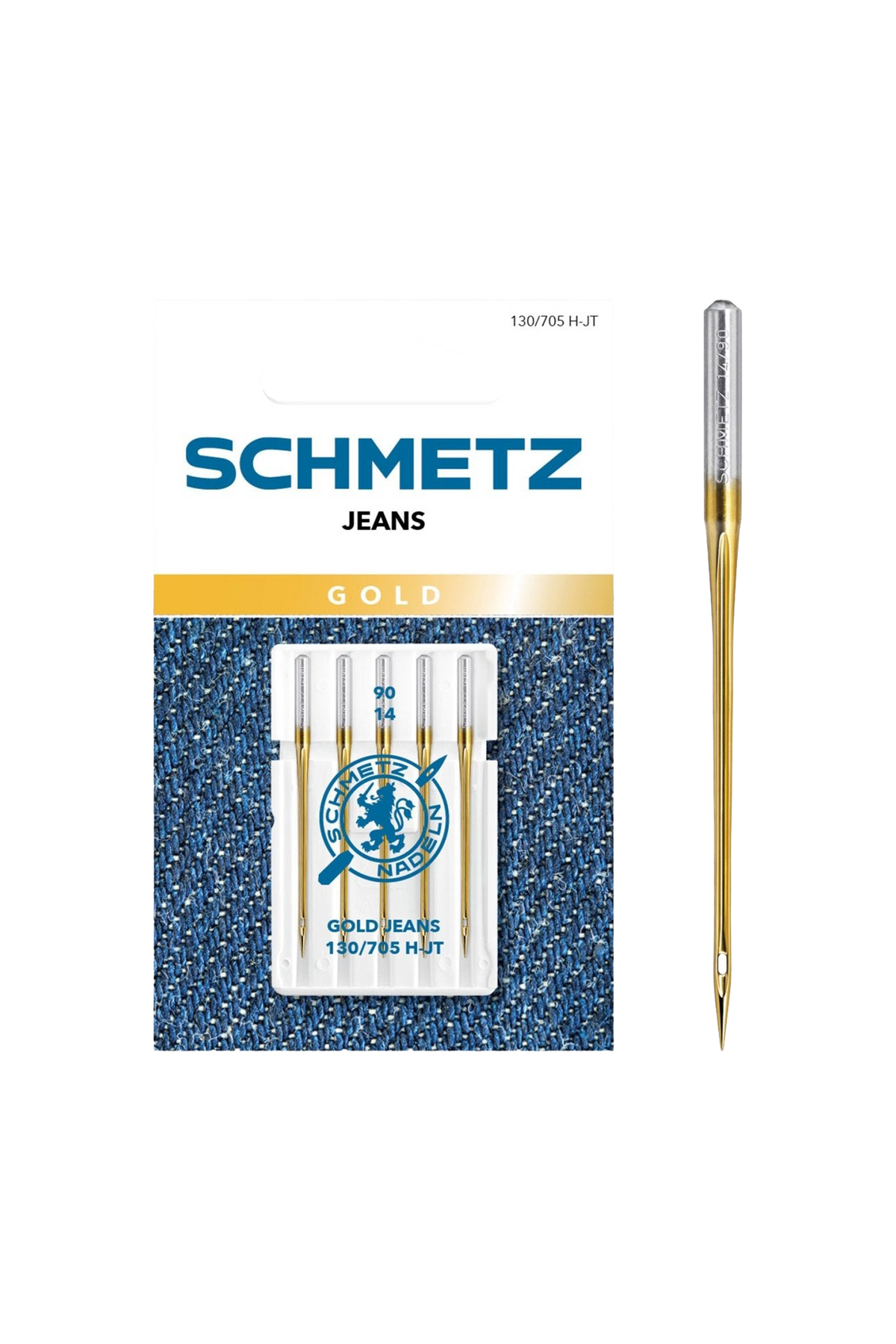 Schmetz Jeans GOLD / System 130 / 705 H-JT in vollständiger Frontansicht der Verpackung mit freigestellter Euroloch-Aussparung