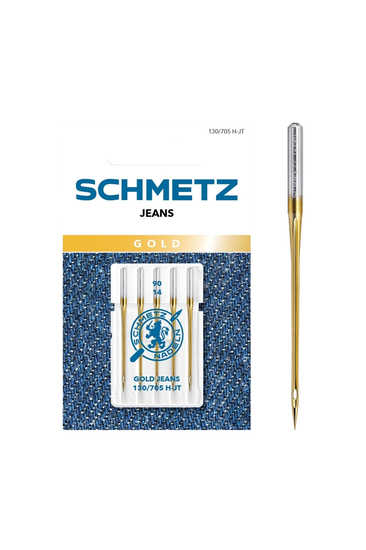 Jeans Schmetz GOLD / Système 130 / 705 H-JT : vue de face complète de l'emballage avec l'encoche « Euroloch » mise en évidence
