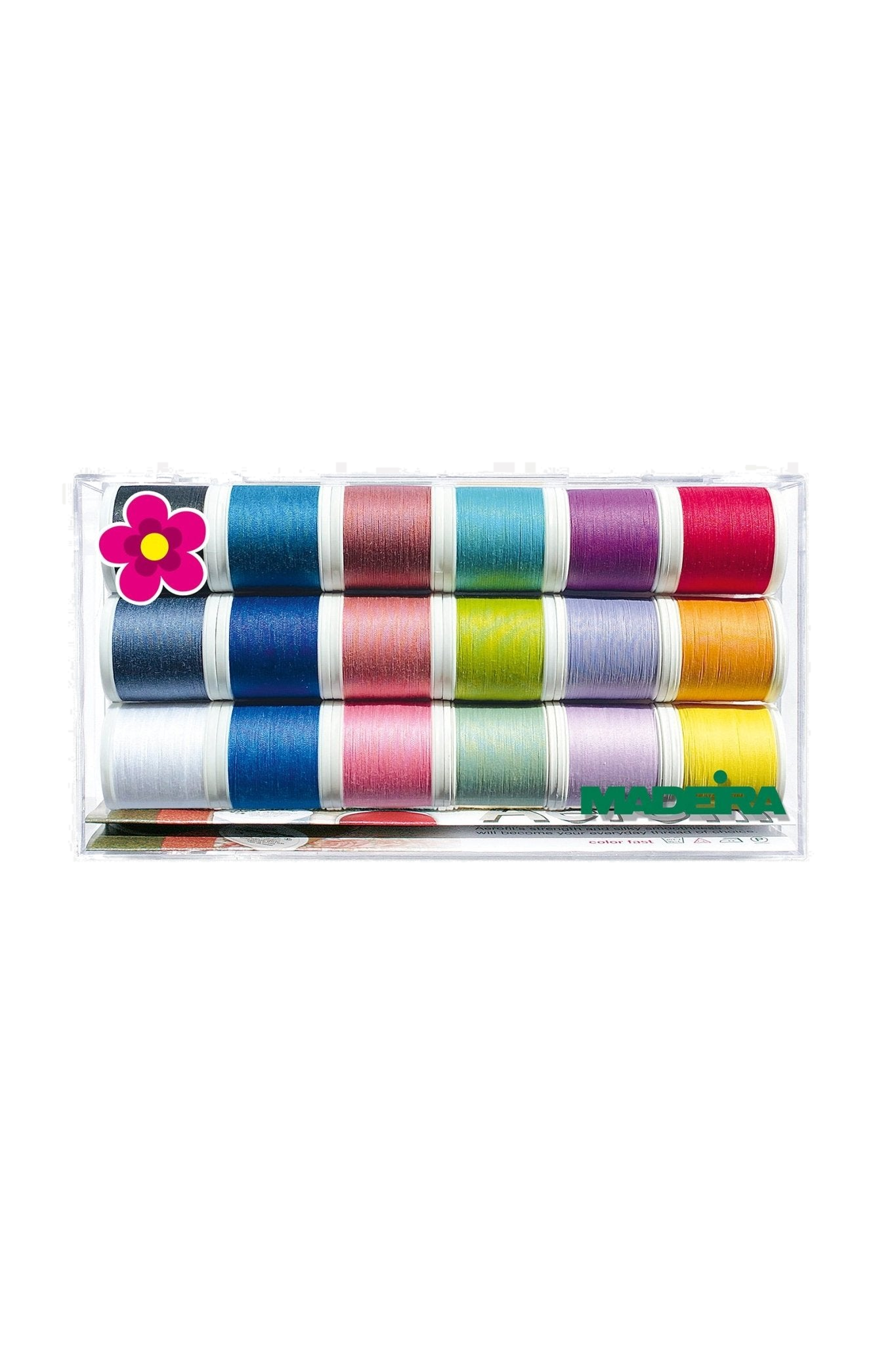Madeira Aerofil 120 Clear Box – 18×400 m bunte Polyester-Corespun-Garn, vue du produit