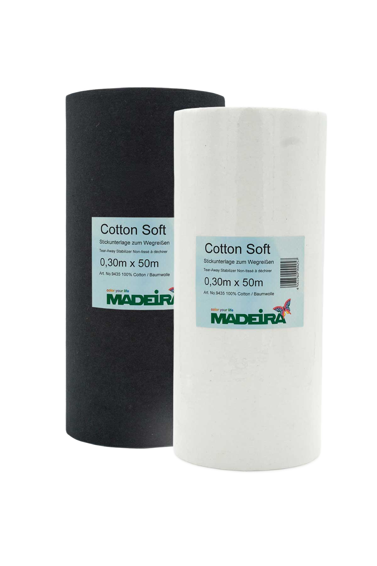 Madeira Cotton Soft Reißvlies in Schwarz und Weiß als 30 cm breite Rollen mit jeweils 50 m Länge.