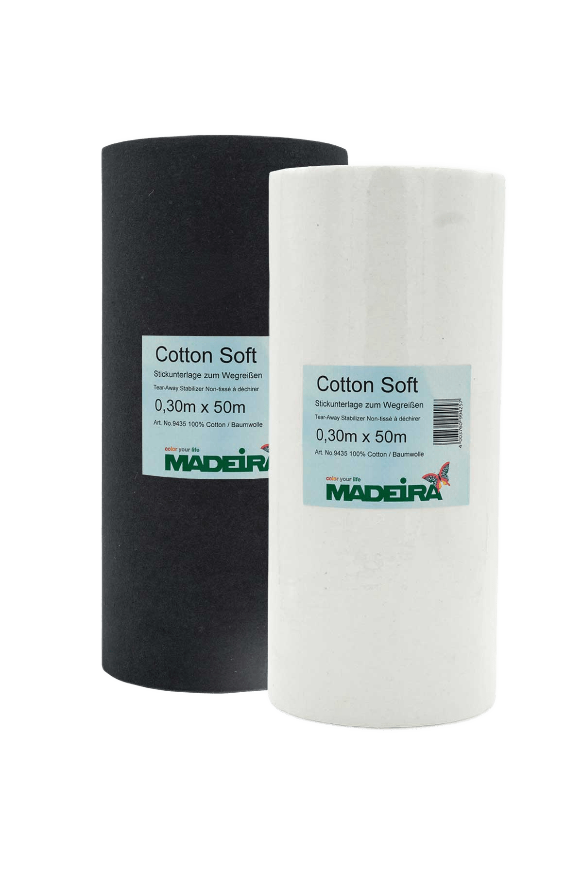 Madeira Cotton Soft Reißvlies in Schwarz und Weiß als 30 cm breite Rollen mit jeweils 50 m Länge.