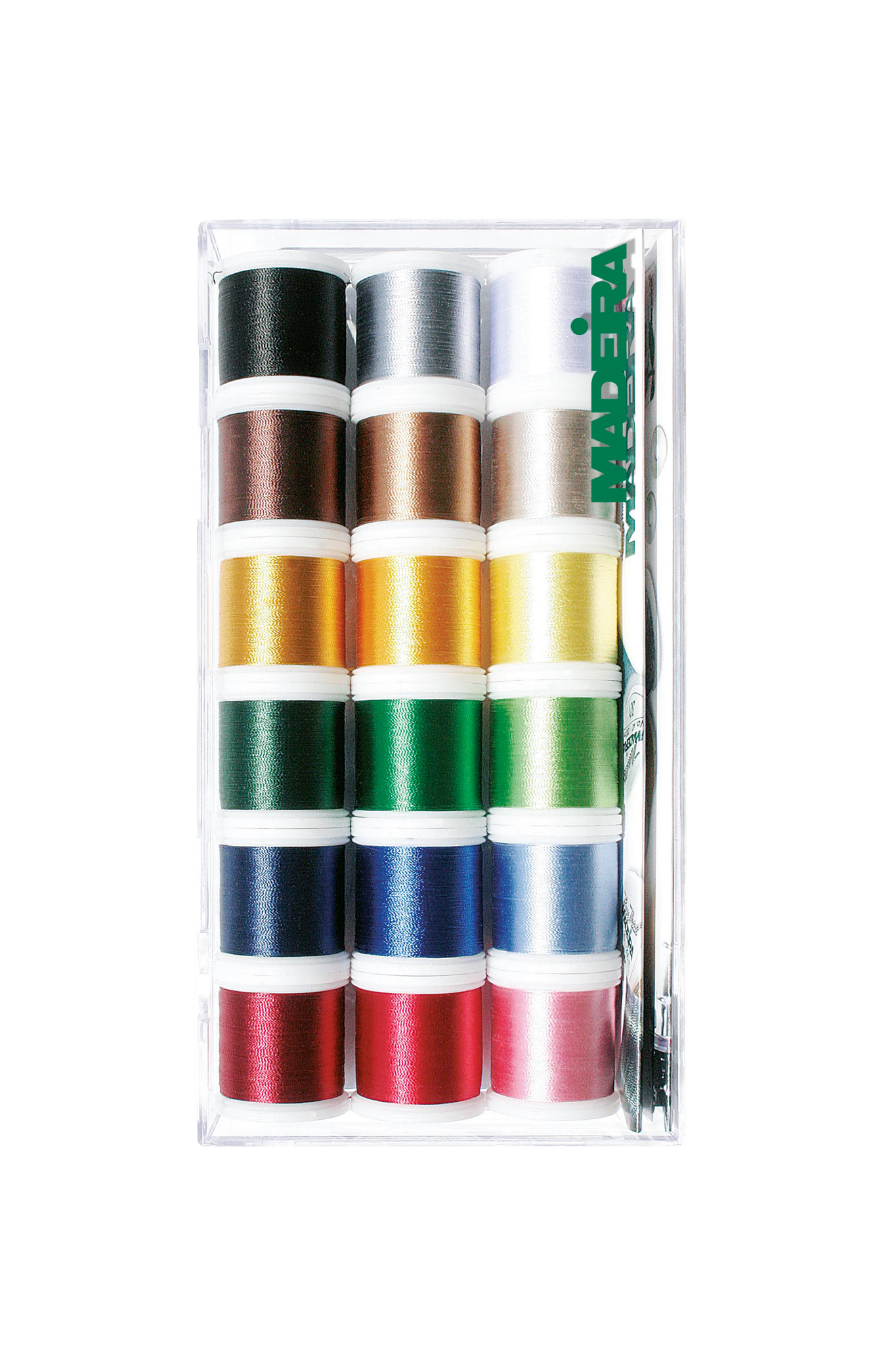 Madeira Polyneon 40 Garnbox mit 18 verschiedenfarbigen Stickgarnspulen à 400 m
