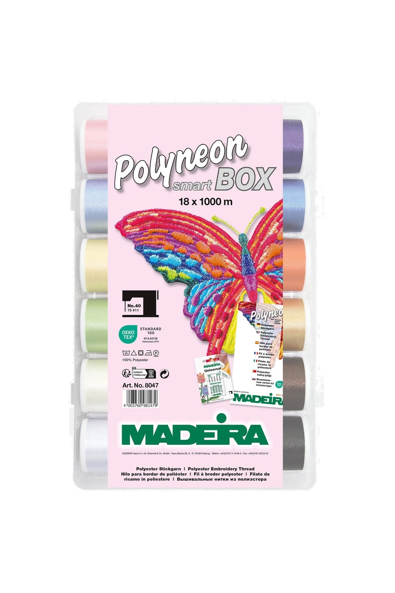 Madeira Polyneon 40 Smartbox Stickgarn – 18×1000 m inkl. Nadeln, vue du produit