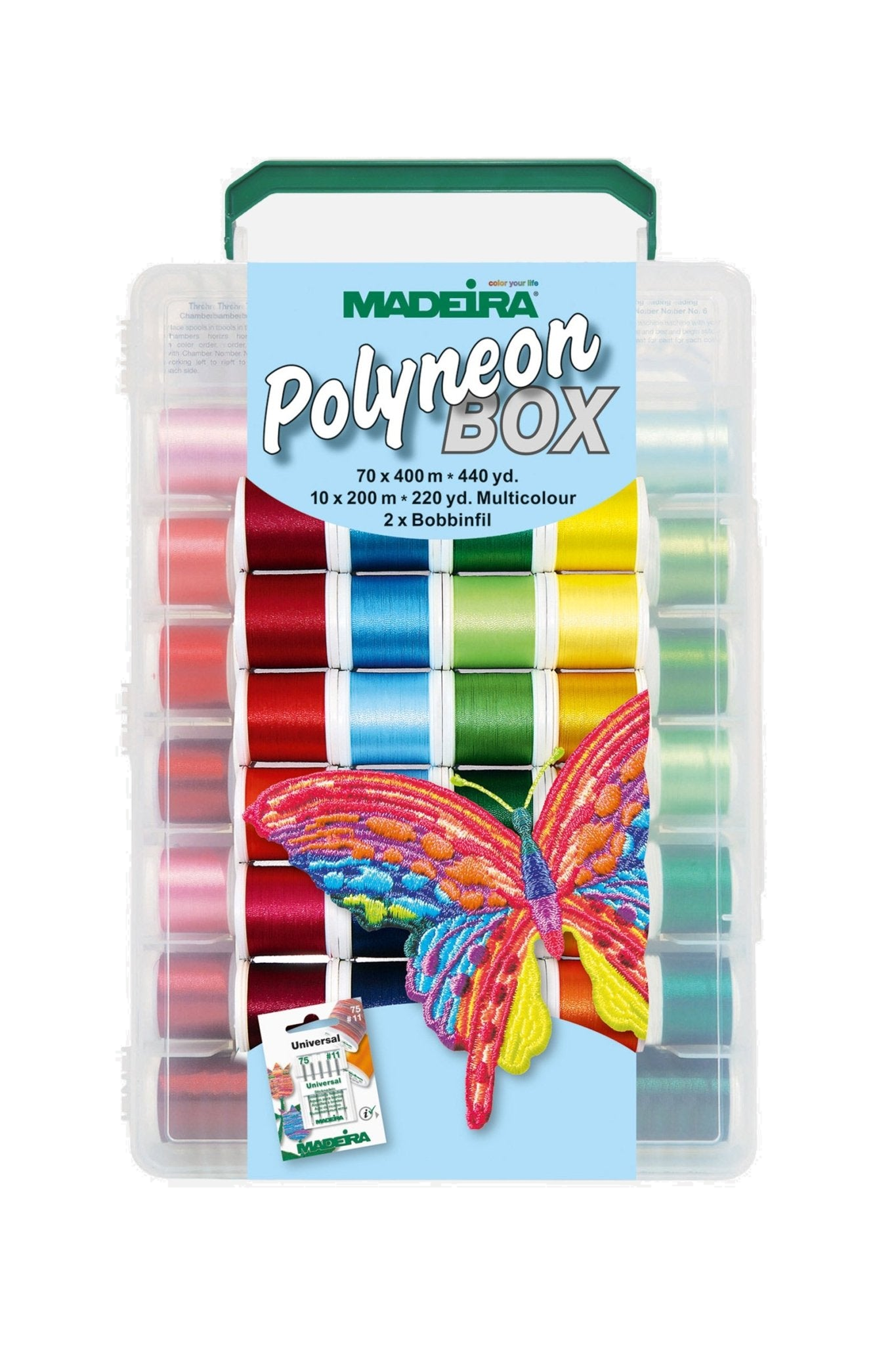 Madeira Polyneon No. 40 Softbox 8085 – 82 Spulen Maschinenstickgarn, vue du produit