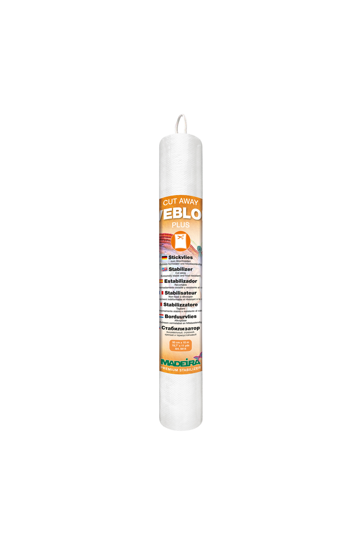 Madeira Weblon Plus Schneidevlies 9414 als vollständige weiße Rolle mit orangefarbenem Etikett und Aufhängeschlaufe, 50 cm × 10 m