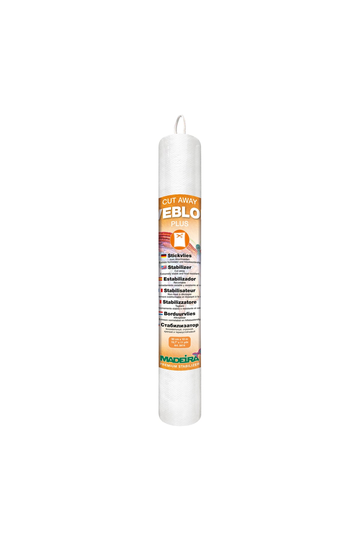 Madeira Weblon Plus, non-tissé à découper 9414, en rouleau entier blanc avec étiquette orange et boucle de suspension, 50 cm × 10 m