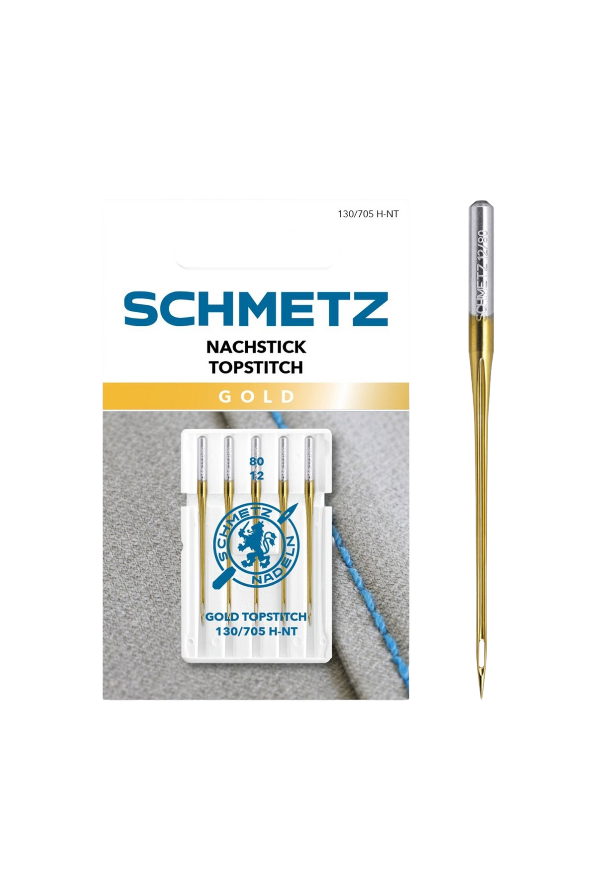 SCHMETZ Gold Nachstick-Nadel 80/12 in vollständiger Frontansicht der Verpackung mit freigestellter Euroloch-Aussparung