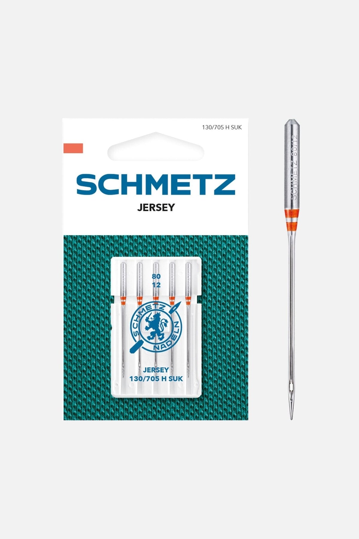 Fünf SCHMETZ Jersey-Nadeln in Stärke 80 aus dem Näh-Starter-Set.