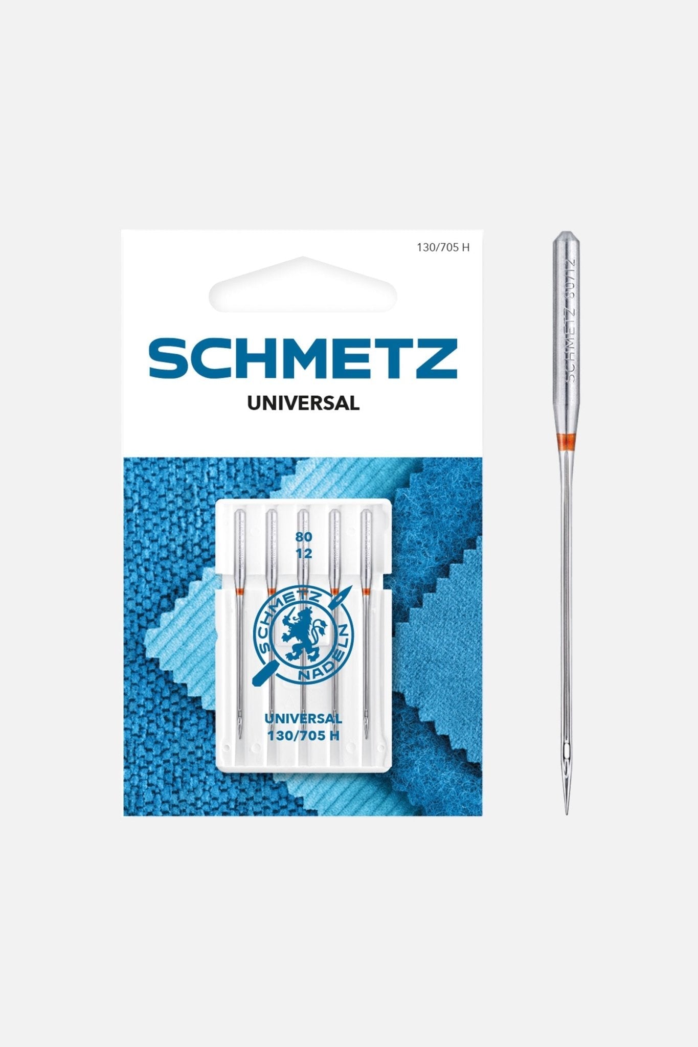 Fünf SCHMETZ Universal-Nadeln in Stärke 80 aus dem Näh-Starter-Set.