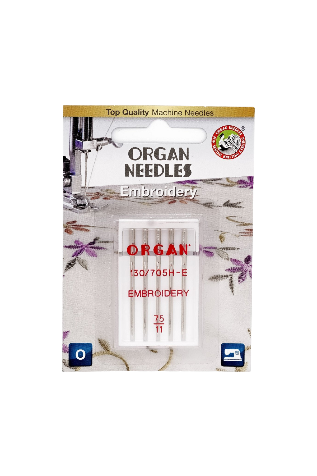 Organ Needle Embroidery-Nadeln Stärke 75 / System 130/705H in vollständiger Produktansicht, in Adobe Photoshop freigestellt ohne Schatten