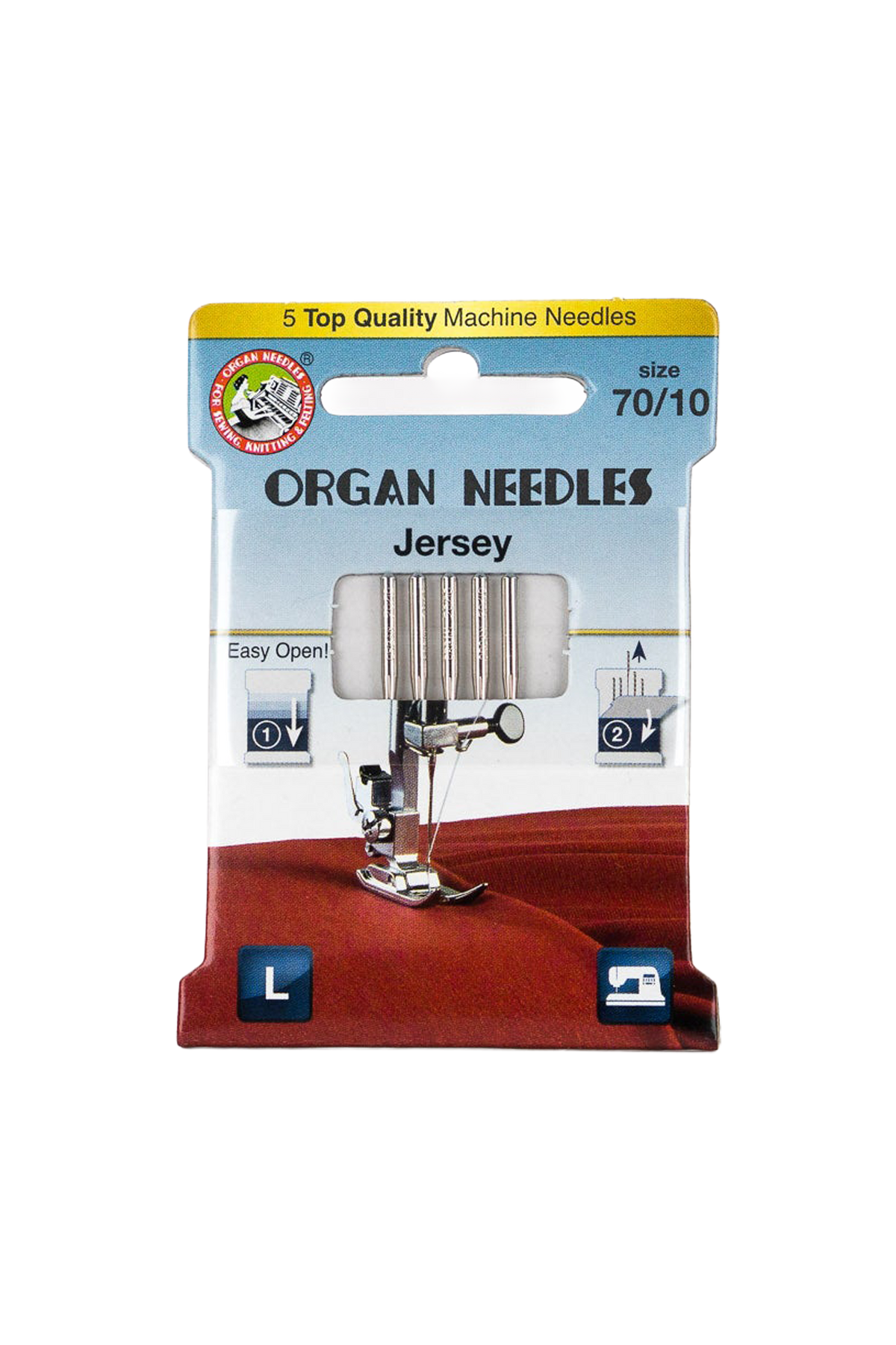Organ Needle Jersey-Nadeln Stärke 70 / System 130/705H in vollständiger Produktansicht, in Adobe Photoshop freigestellt ohne Schatten