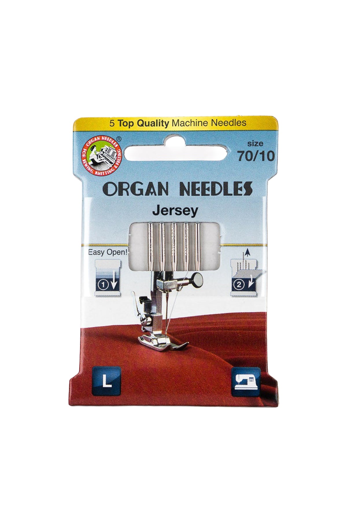 Organ Needle Jersey-Nadeln Stärke 70 / System 130/705H in vollständiger Produktansicht, in Adobe Photoshop freigestellt ohne Schatten