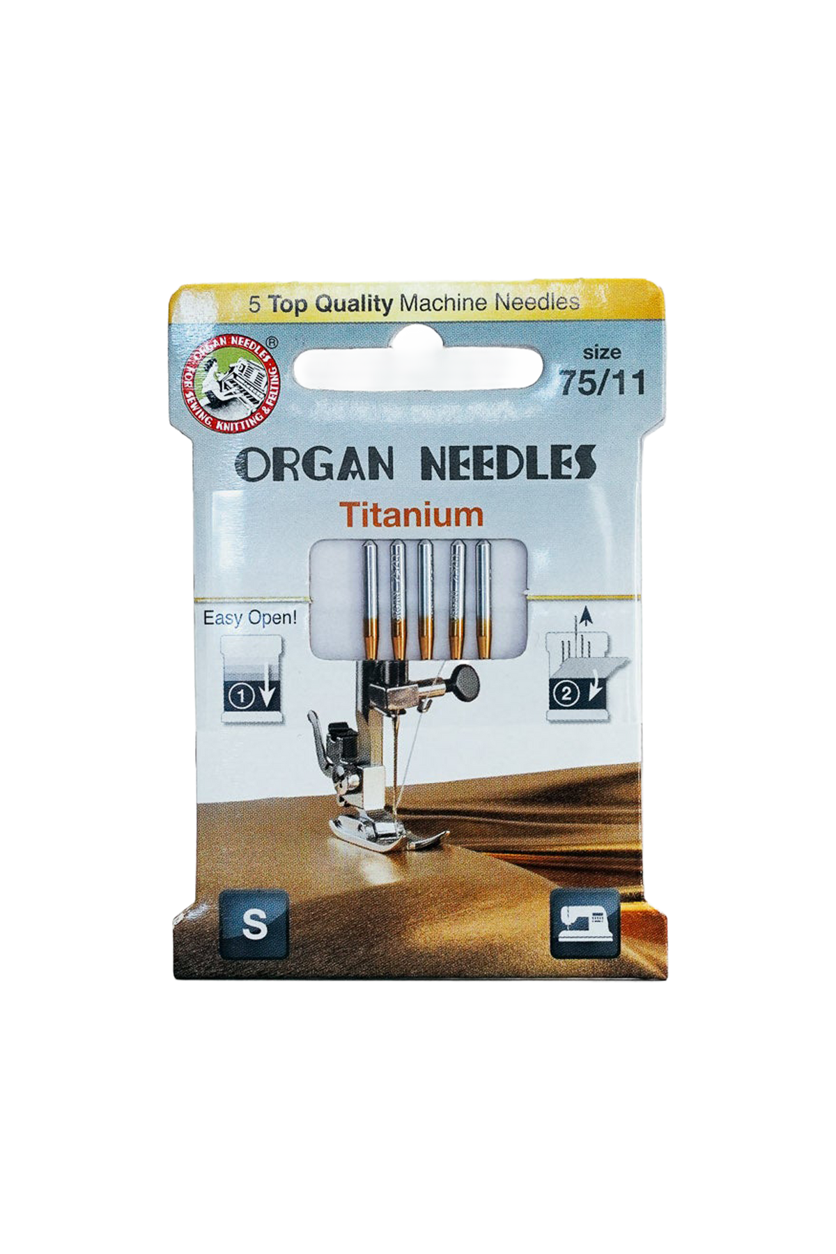 Organ Needle Titanium-Nadeln Stärke 75 / System 130/705H in vollständiger Produktansicht, in Adobe Photoshop freigestellt ohne Schatten