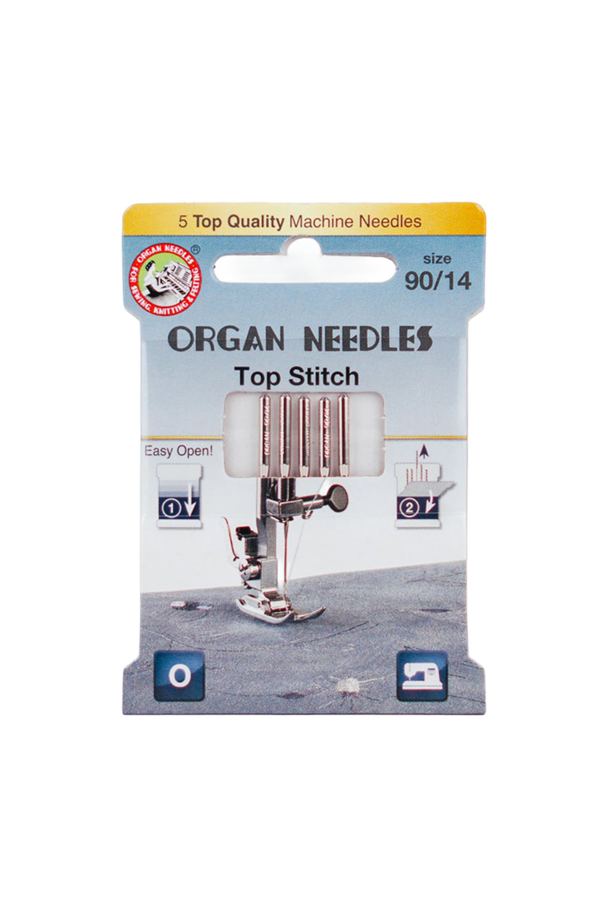 Organ Needle Top-Stitch-Nadel Stärke 90 / System 130/705 H in vollständiger Produktansicht, in Adobe Photoshop freigestellt ohne Schatten