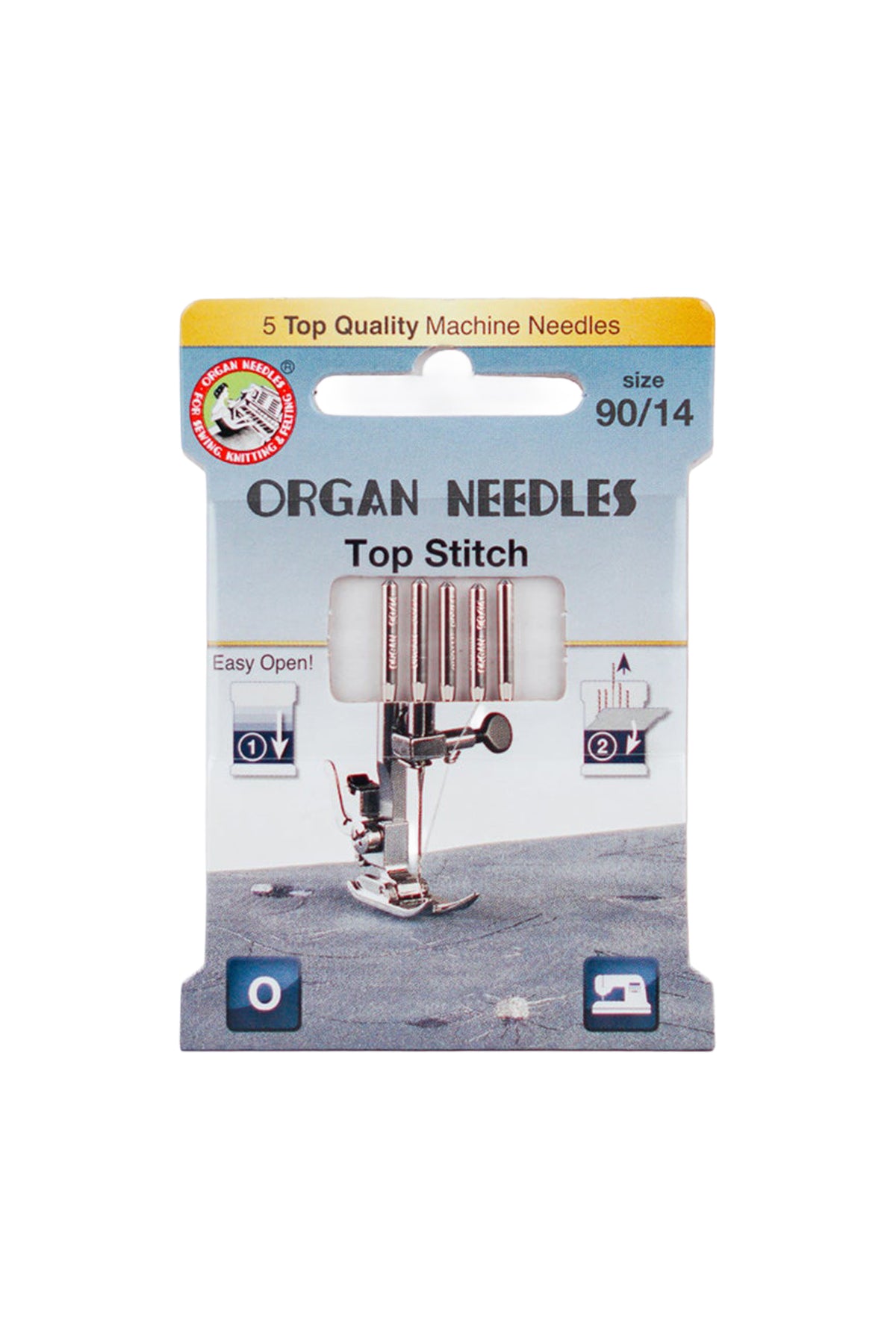 Organ Needle Top-Stitch-Nadel Stärke 90 / System 130/705 H in vollständiger Produktansicht, in Adobe Photoshop freigestellt ohne Schatten