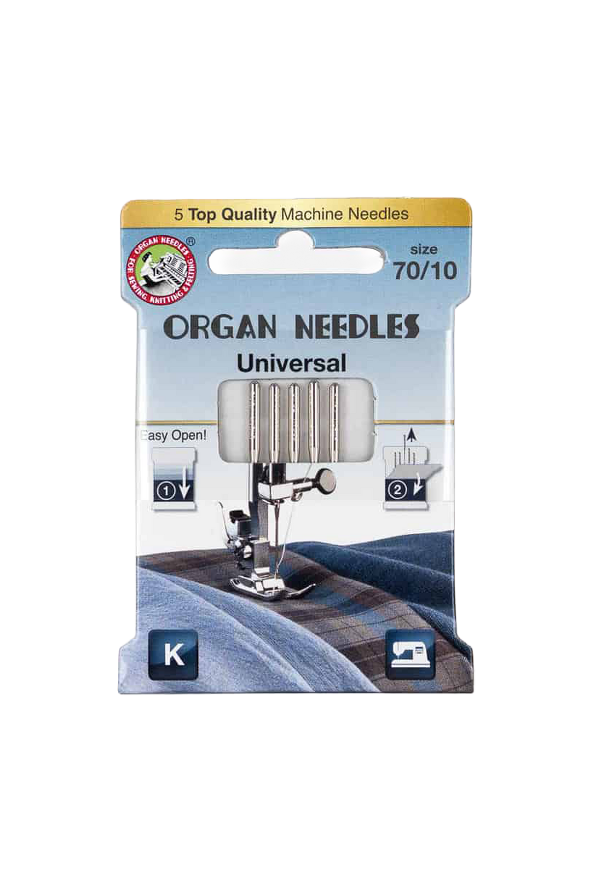 Organ Needle Universal-Nadeln Stärke 70 / System 130/705H in vollständiger Produktansicht, in Adobe Photoshop freigestellt ohne Schatten