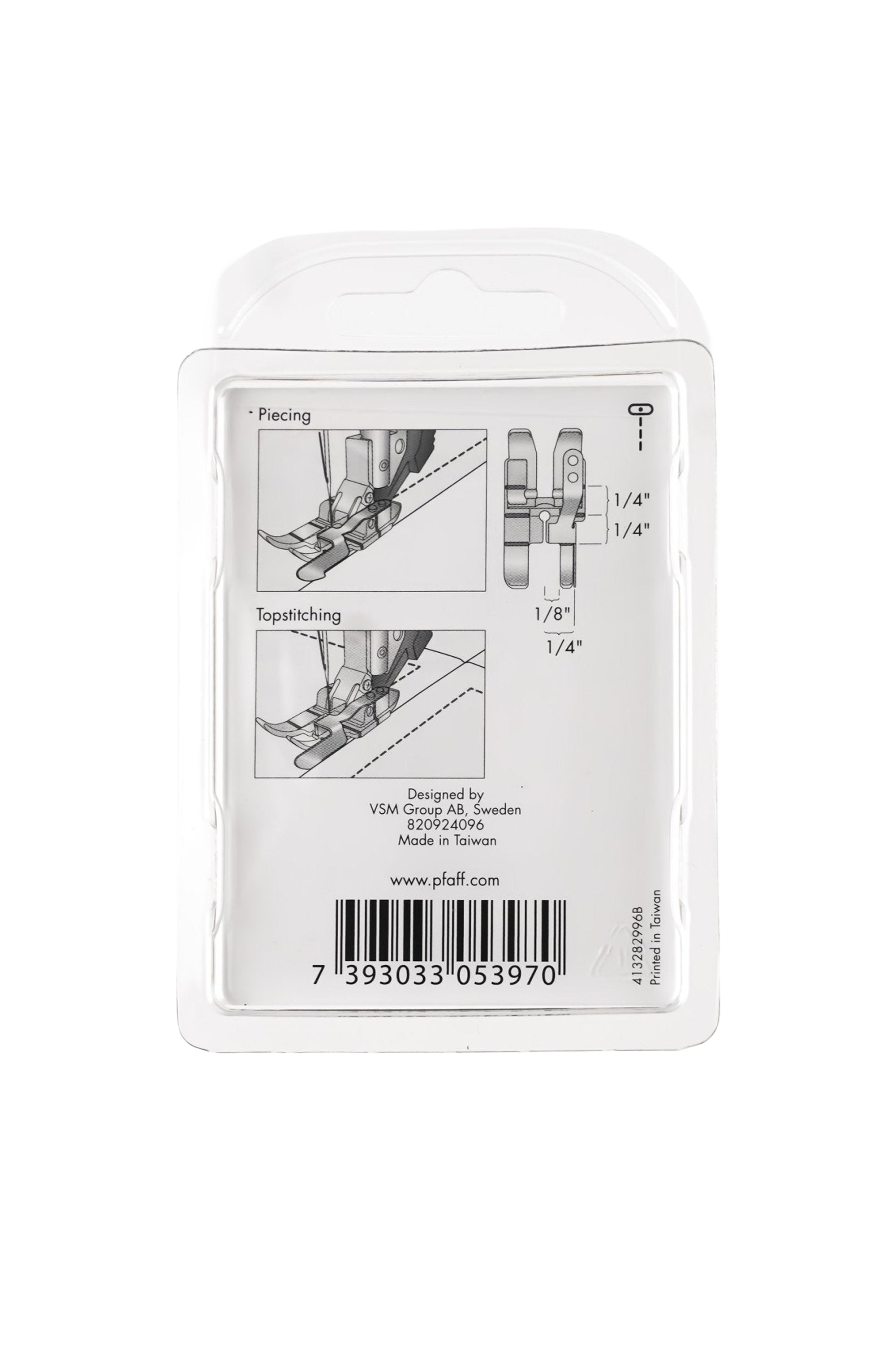 PFAFF 1/4″-Patchworkfuß mit Kantenführung für IDT™ in vollständiger Produktansicht, in Adobe Photoshop freigestellt ohne Schatten