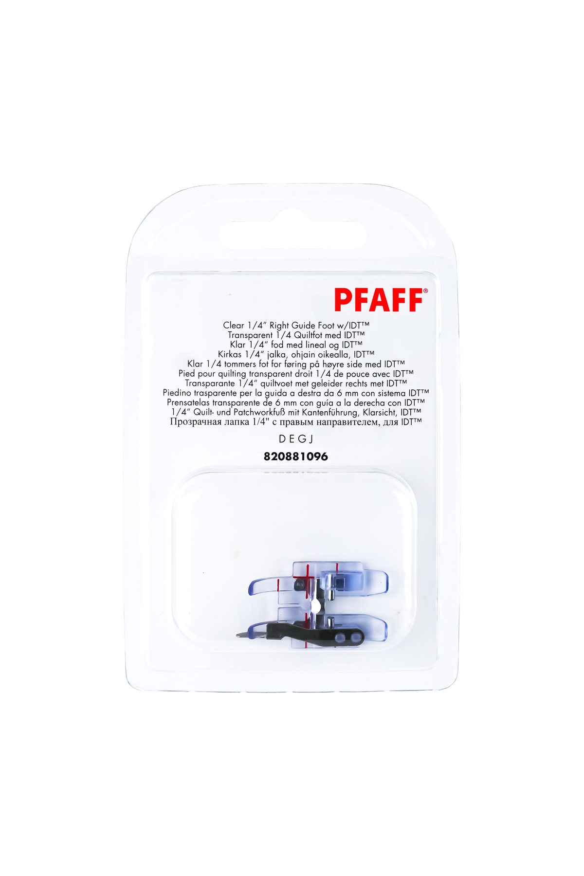 PFAFF 1/4″-Patchworkfuß Klarsicht mit Führung in vollständiger Originalverpackung von vorne mit sichtbarem Nähfuß