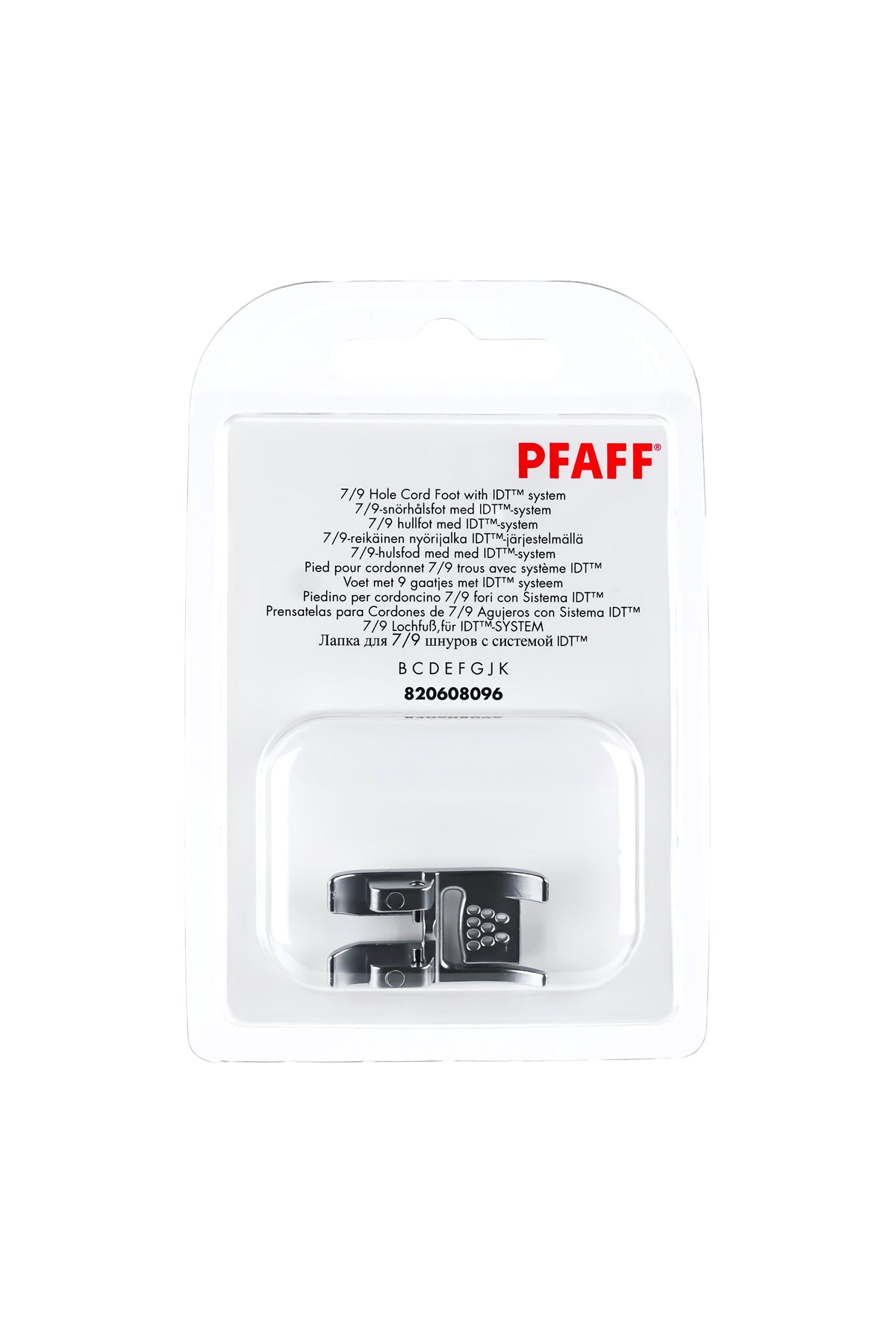 PFAFF 7/9-hole presser foot for the IDT System J K L in its original, unopened packaging, with the presser foot visible from the front