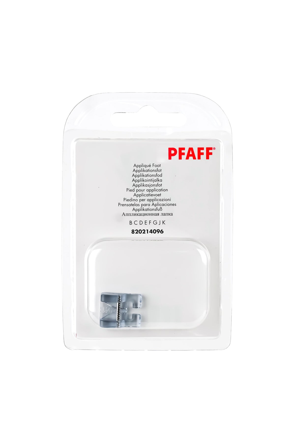 PFAFF J K L presser foot in its original, unopened packaging, viewed from the front with the presser foot visible